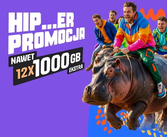 Baner z hipopotamem oraz ofertą Mobile Vikings: duży pakiet danych i pierwszy miesiąc za 1 zł