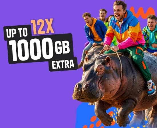 Banner with a hippo and a Mobile Vikings offer: large data package and first month for 1 PLN