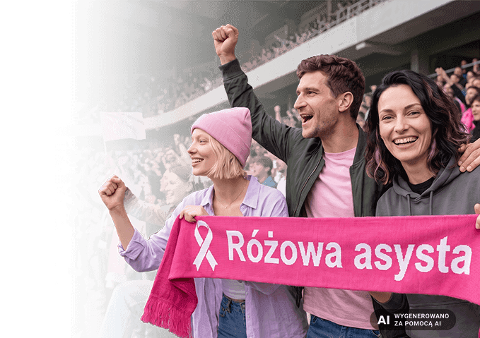 kibice trzymający szalik z napisem różowa asysta