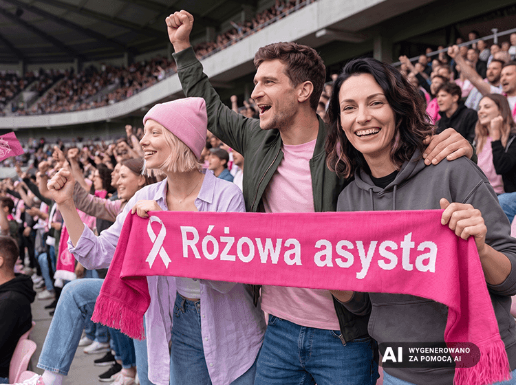kibice trzymający szalik z napisem różowa asysta