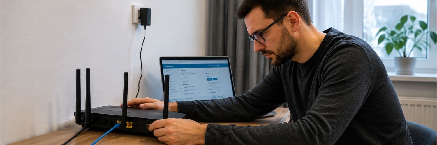 mężczyzna konfiguruje internet stacjonarny