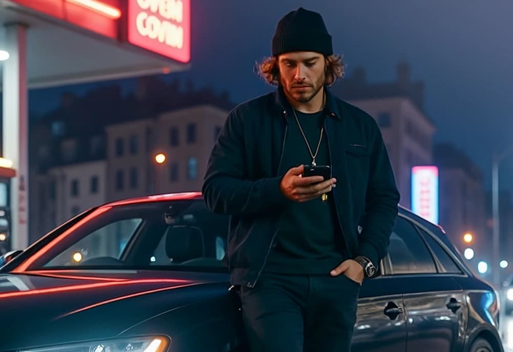 Oparty o maskę samochodu mężczyzna w jednej dłoni trzyma telefon i patrzy na niego, drugą dłoń ma w kieszeni spodni.