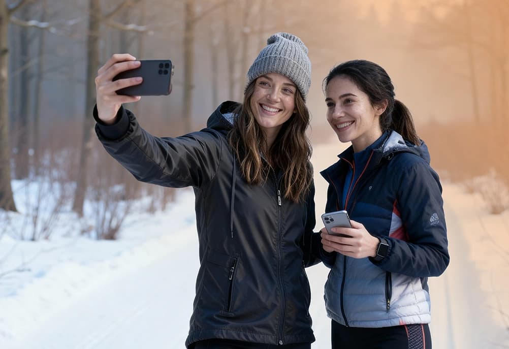Dwie uśmiechnięte kobiety w sportowych ubraniach stoją na leśnej ścieżce zimową porą, jedna z nich robi im zdjęcie telefonem komórkowym trzymanym w wysuniętej ręce, drugą ręką delikatnie obejmuje swoją towarzyszkę.