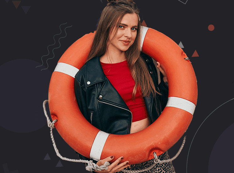 Confident woman in black biker jacket with lifebuoy on dark background.
