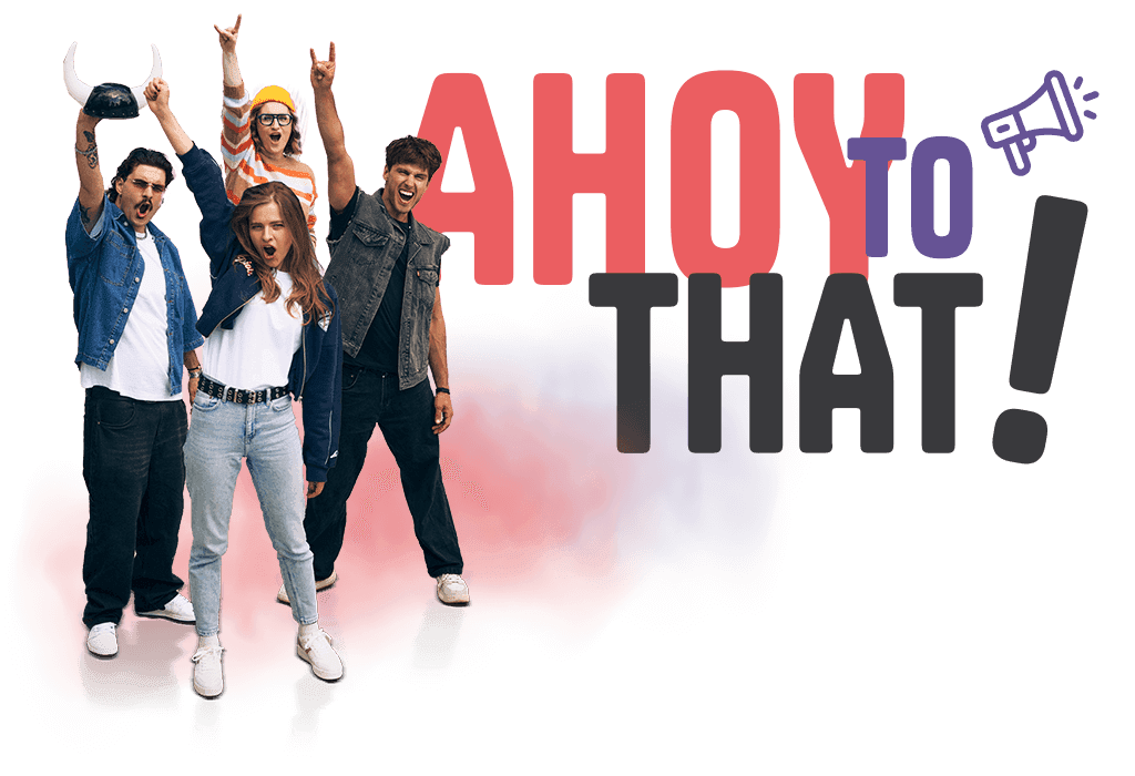Four people pose with hands raised in horn gesture next to “Ahoj z tym!” text and a megaphone icon