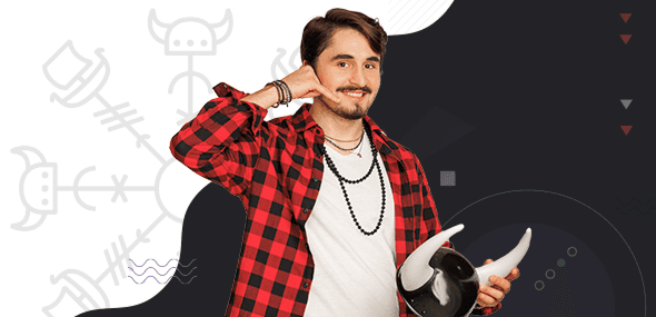 Smiling Ernest from the HelpDesk in a checkered shirt holds a Viking helmet and gestures like he's on a call