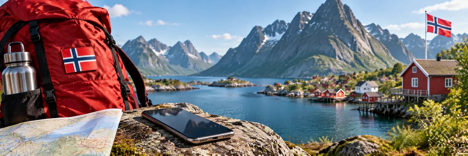 Norweski fiord z ekwipunkiem podróżnika