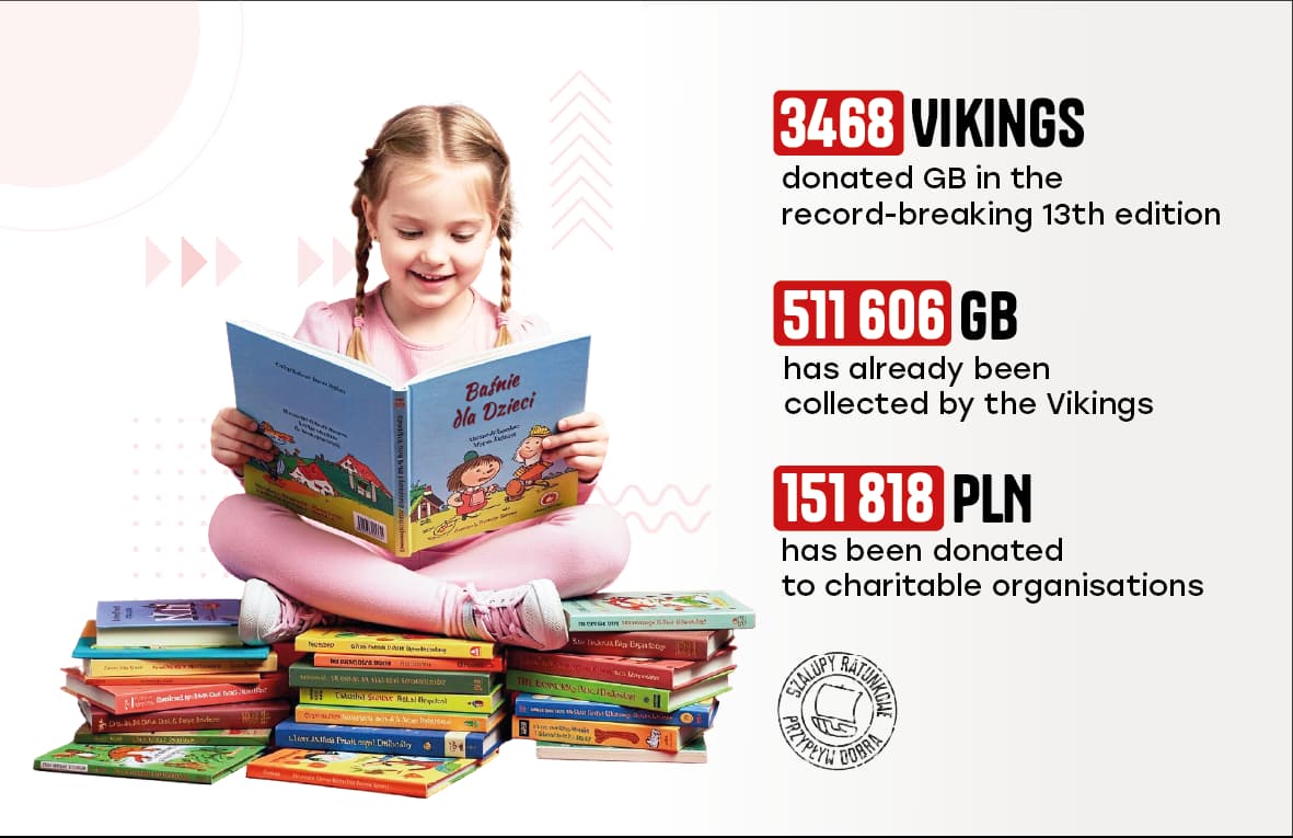 A smiling little girl is looking through a book, with the results of the Charity Lifeboats campaign visible in the background