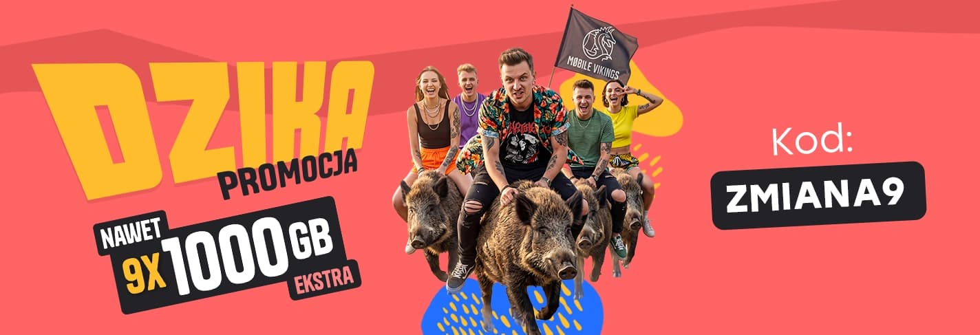 Baner z ofertą Mobile Vikings: duży pakiet danych i pierwszy miesiąc za 1 zł