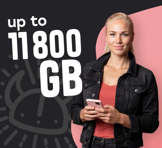 Young woman holding a smartphone against a dark promotional background with the text “up to 11800 GB”.