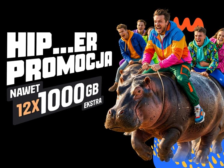 Baner z hipopotamem oraz ofertą Mobile Vikings: duży pakiet danych i pierwszy miesiąc za 1 zł