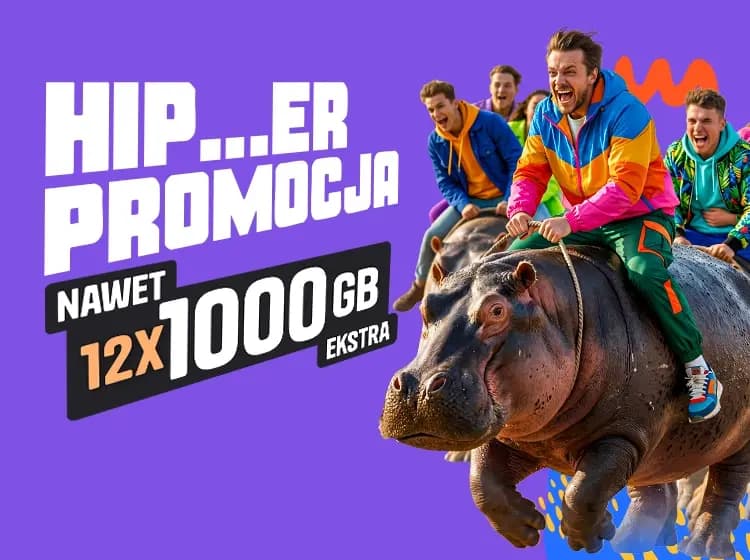 Baner z hipopotamem oraz ofertą Mobile Vikings: duży pakiet danych i pierwszy miesiąc za 1 zł