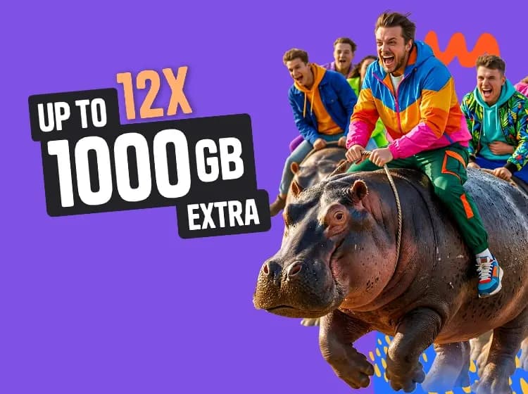 Banner with a hippo and a Mobile Vikings offer: large data package and first month for 1 PLN