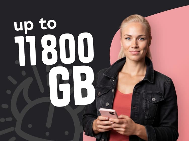Young woman holding a smartphone against a dark promotional background with the text “up to 11800 GB".