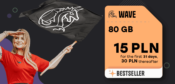 Woman with a Mobile Vikings flag promoting the “Fala” plan: 80 GB for PLN 15