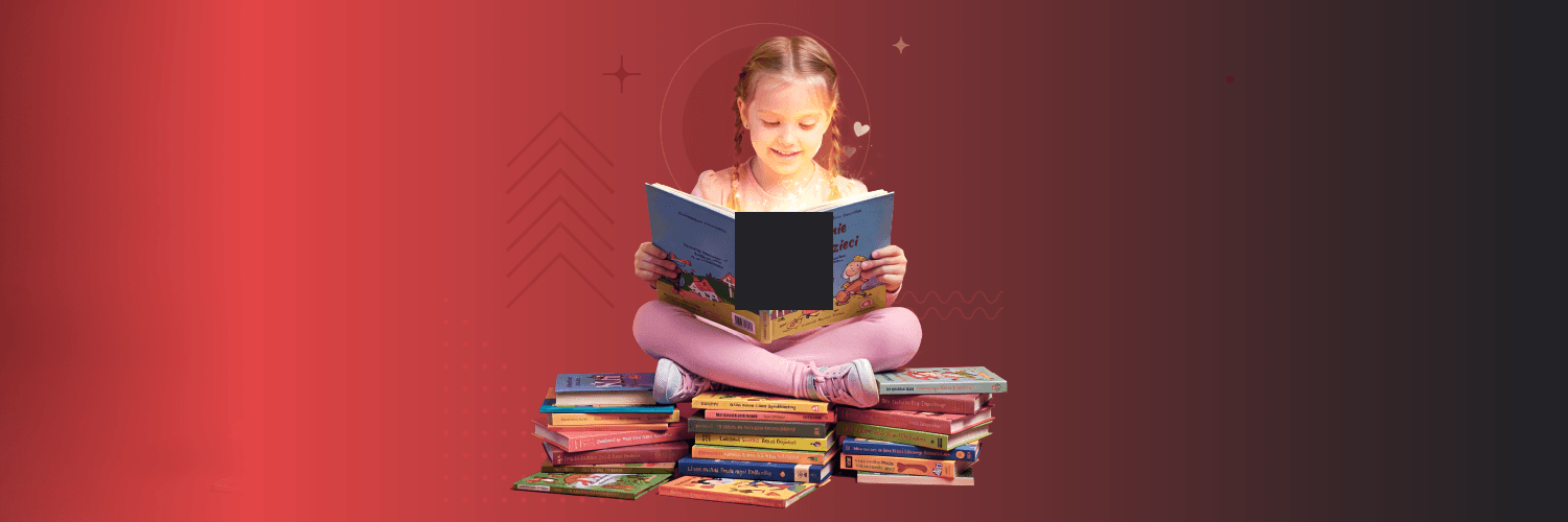 Dziewczynka siedzi na stosie książek i czyta bajkę, z której unoszą się świetliste gwiazdki i serduszka.