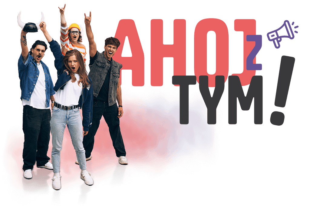 Cztery osoby pozują z uniesionymi rękami w geście rogów przy napisie „Ahoj z tym!” i ikonie megafonu