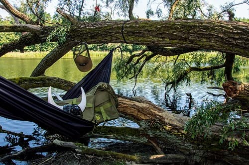Mobile Vikings hammock suspended over a lake