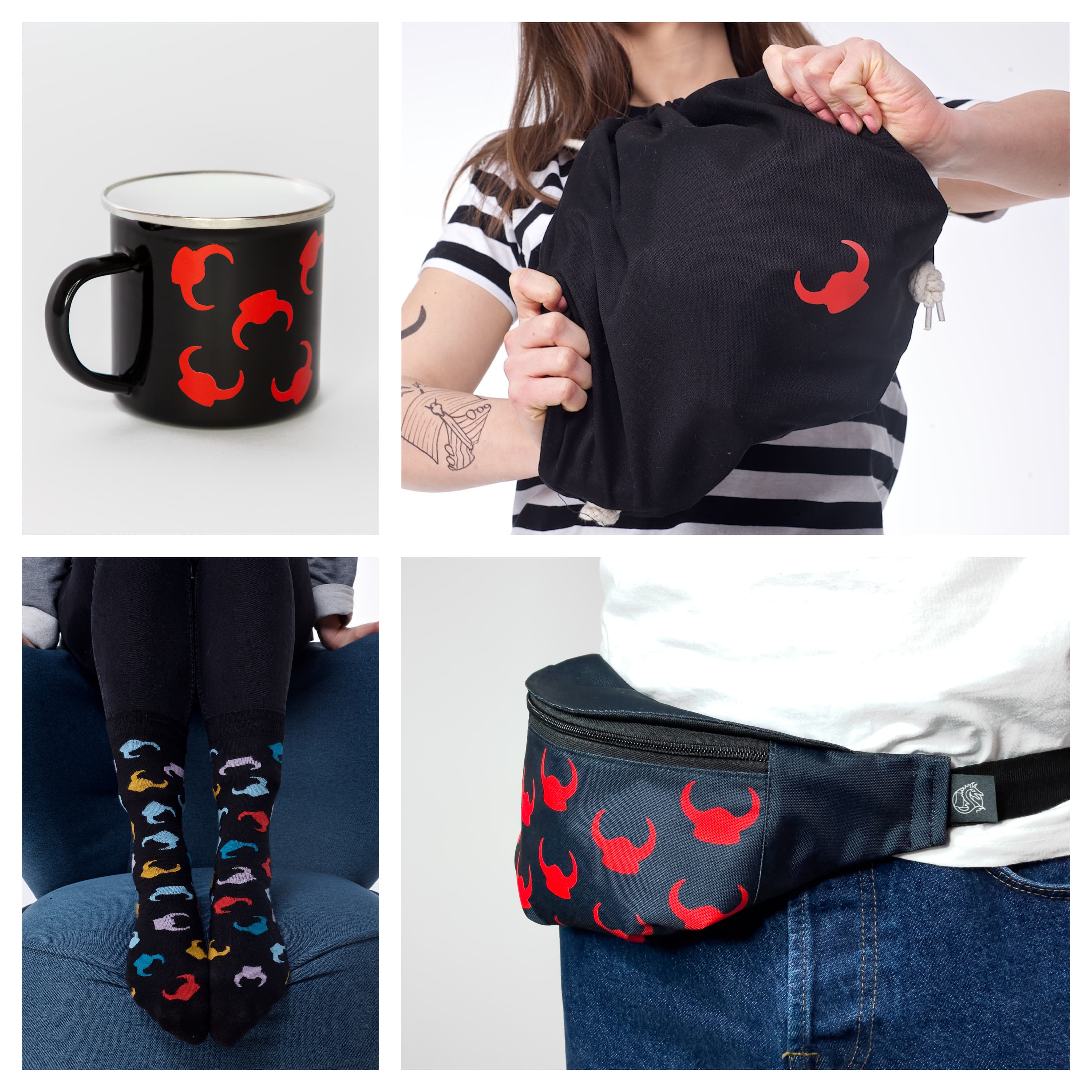 Classics and new products available in Viking Store: fanny packs, socks, drawstring bag, and metal mug