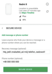 Screen z zabezpieczania telefonu Google My Device
