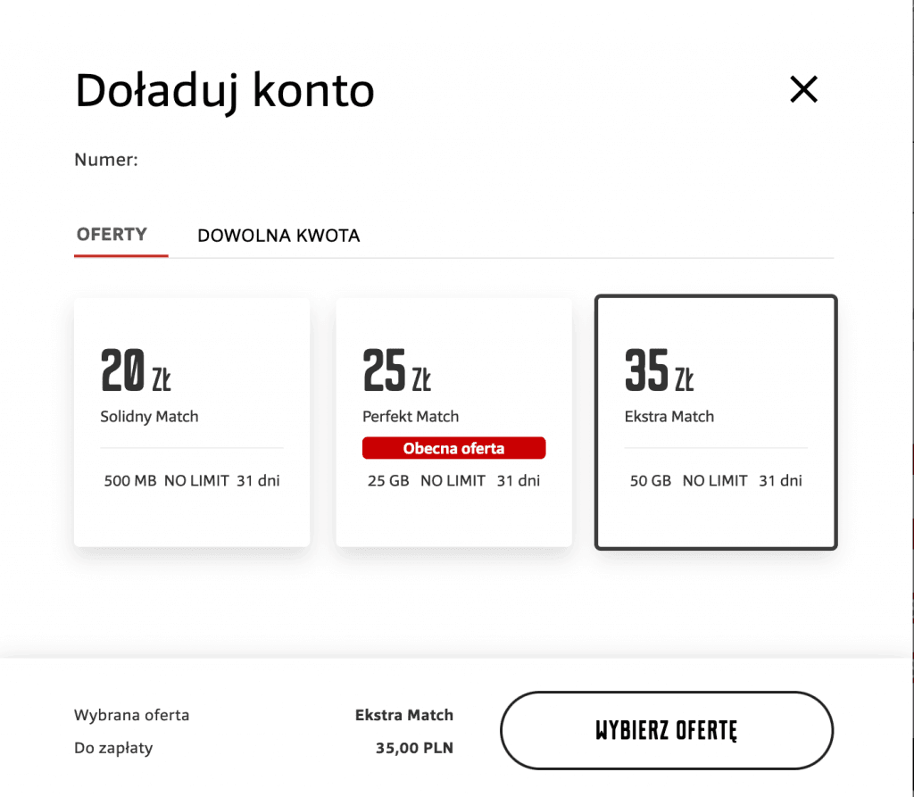 Wybor oferty na karte na stronie