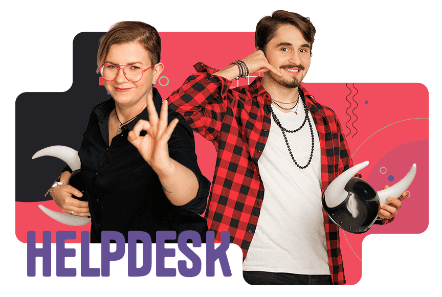 Dwoje uśmiechniętych pracowników helpdesku — kobieta robi gest OK, mężczyzna trzyma hełm z rogami na czerwonym tle