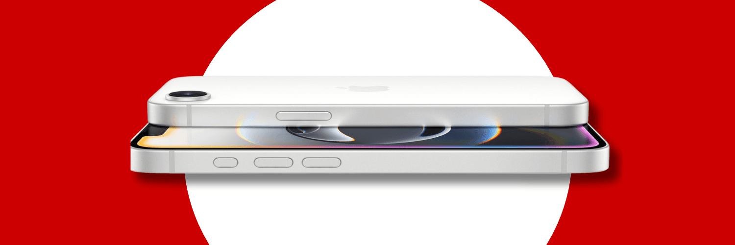 Grafika ze zdjęciem przedstawiającym bok, fragment ekranu i plecki telefonu iPhone 16e