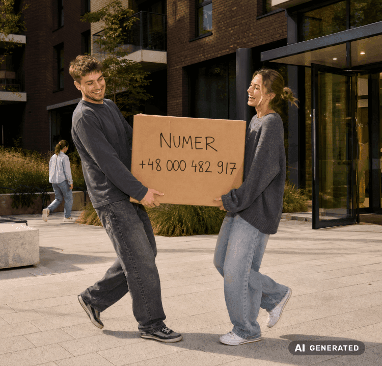 Two people carrying a cardboard box with a phone number written on it.