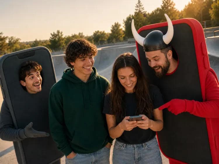 A group of friends looking at something on a smartphone, including two people dressed as smartphones.