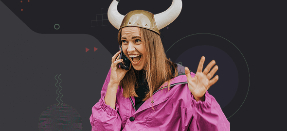 An excited woman is talking on the phone, she is in a state of euphoria